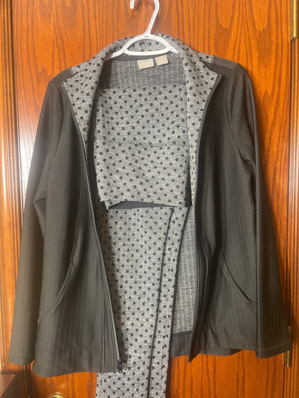 Chico's Black Jacket with Gray Polka-Dot Lining